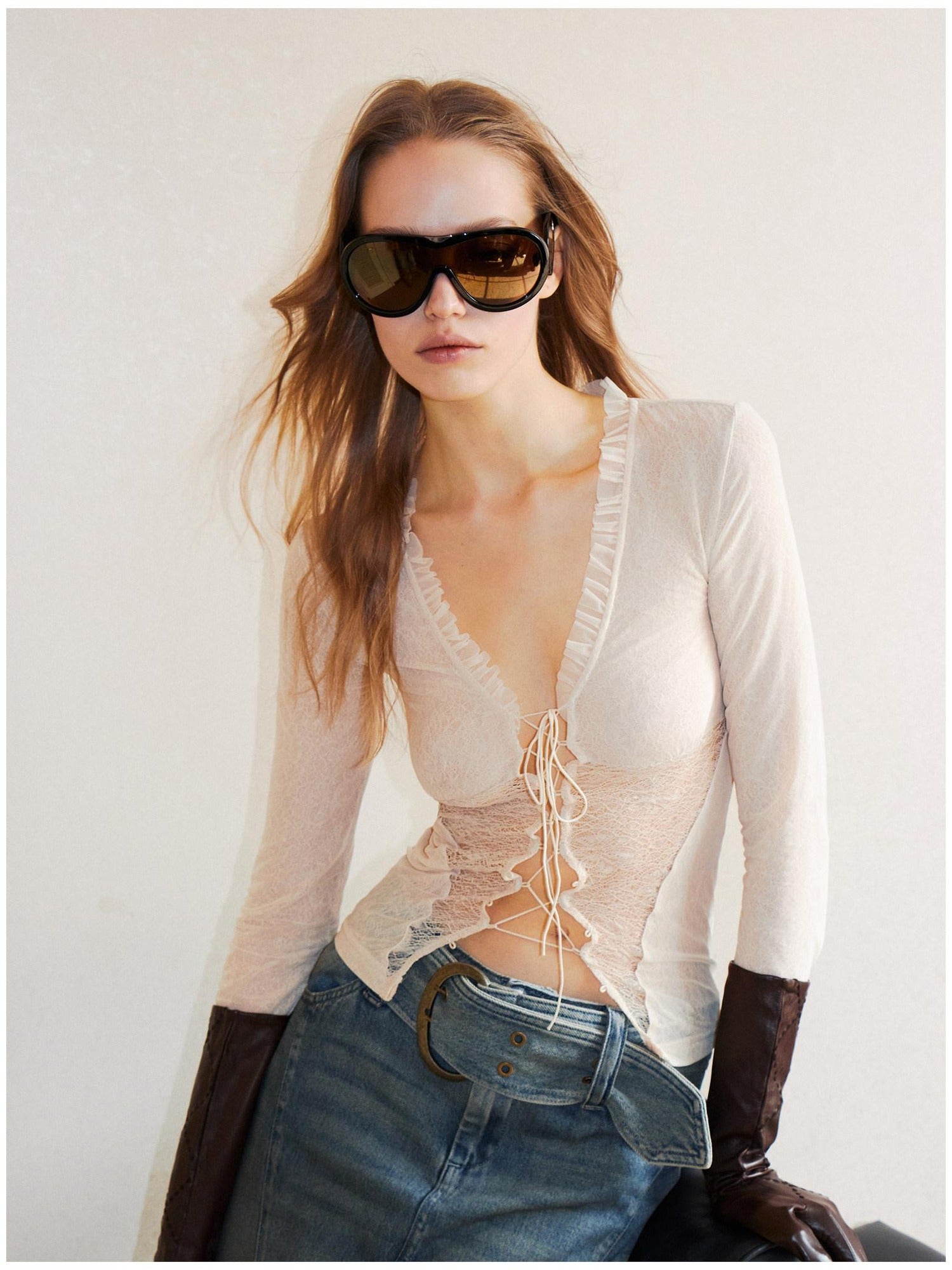 2th Desire Sheer Mesh Spliced Punk Slim Fit Women Long Sleeve Tie Front Blouses