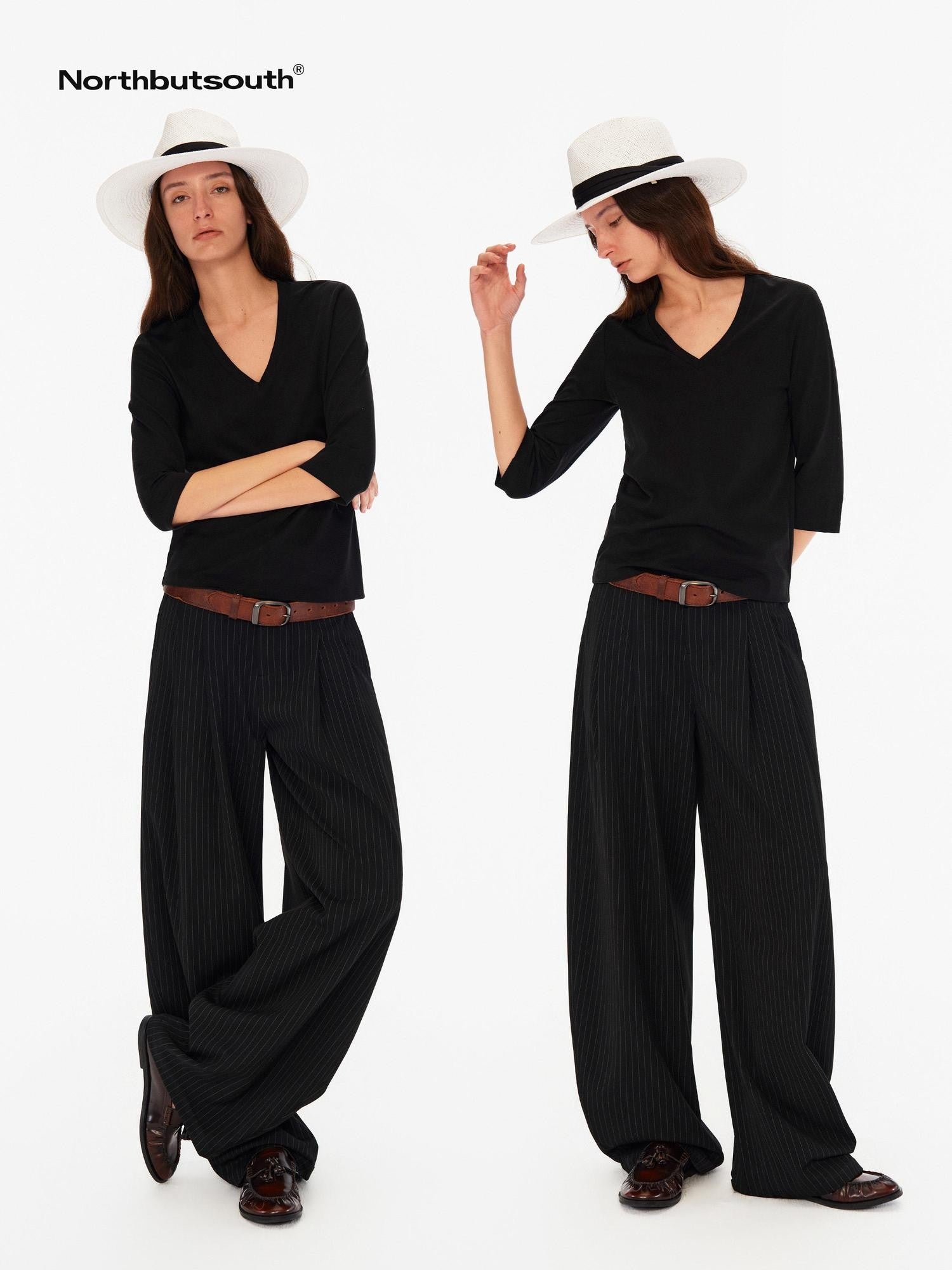 Northbutsouth Vertical Stripe No Waistband Relaxed Mid Rise Curved Leg Women&