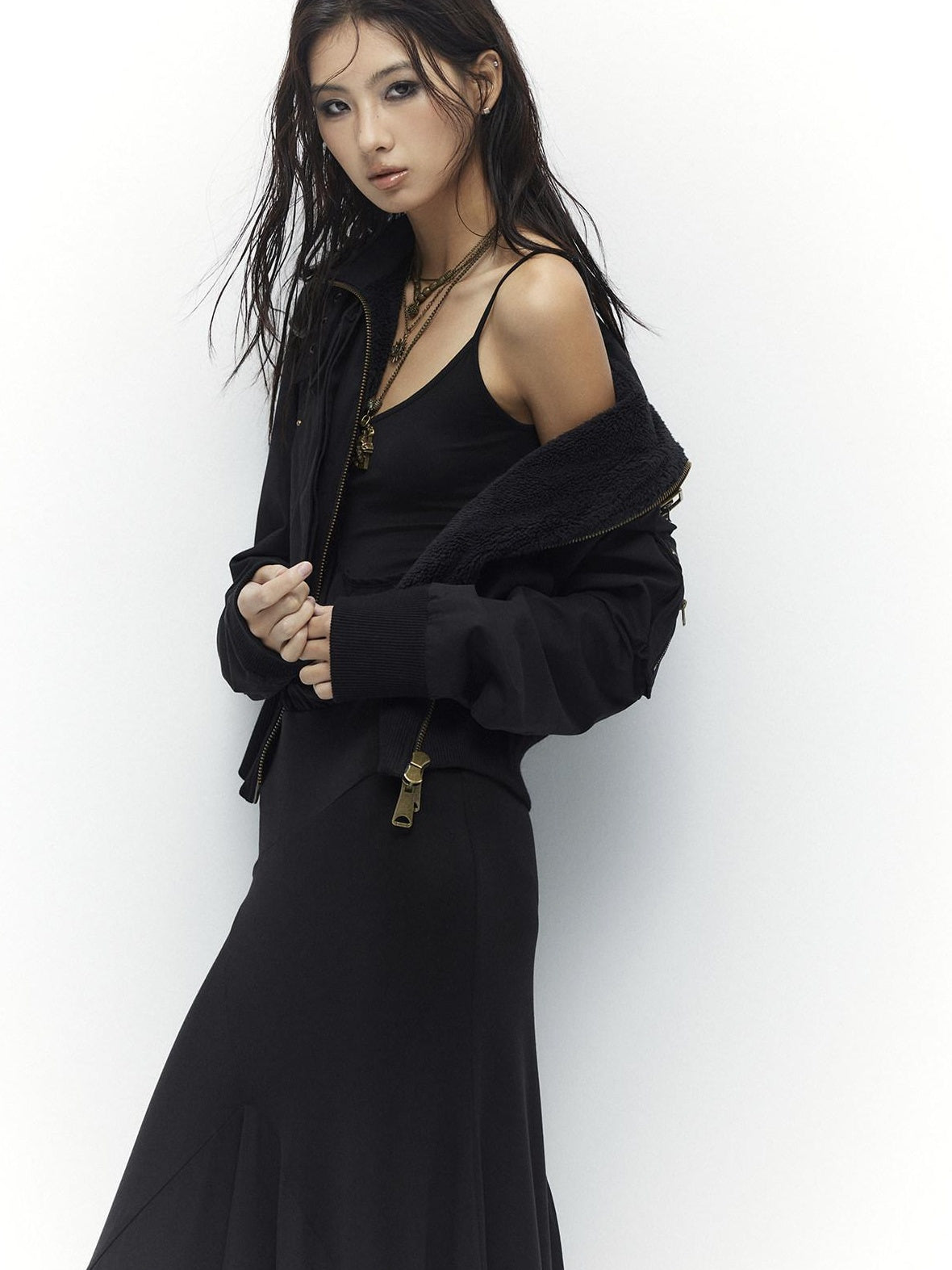 Low pixel Plush Lined Waist Cinch Dark Goth Slim Fit Women Zip High Collar Cropped Jackets
