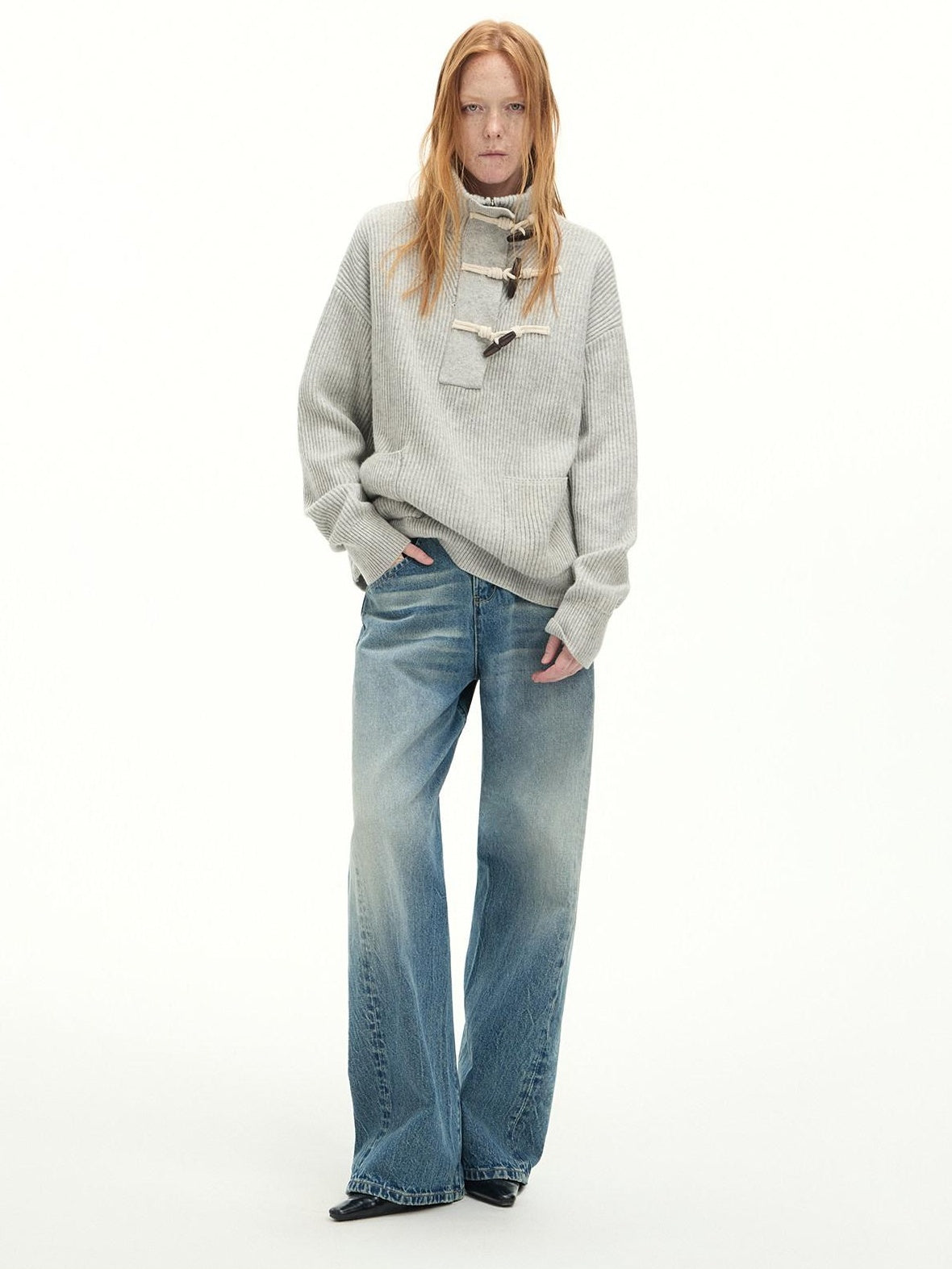 RUN TO THE FUTURE Washed Cotton Casual Natural Waist Topstitch Women Denim Blue Wide-Leg Jeans