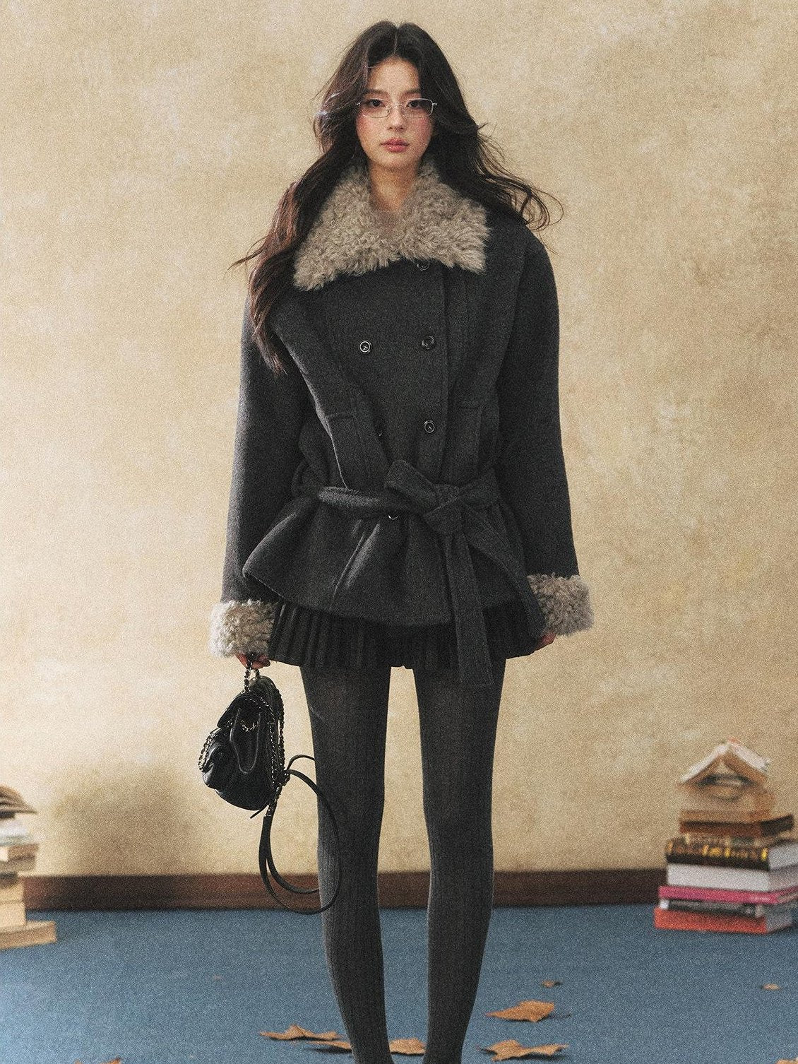 7Shiftin Warm Faux Fur Trim Casual Waist Double Breasted Women Deep Gray Short Coat