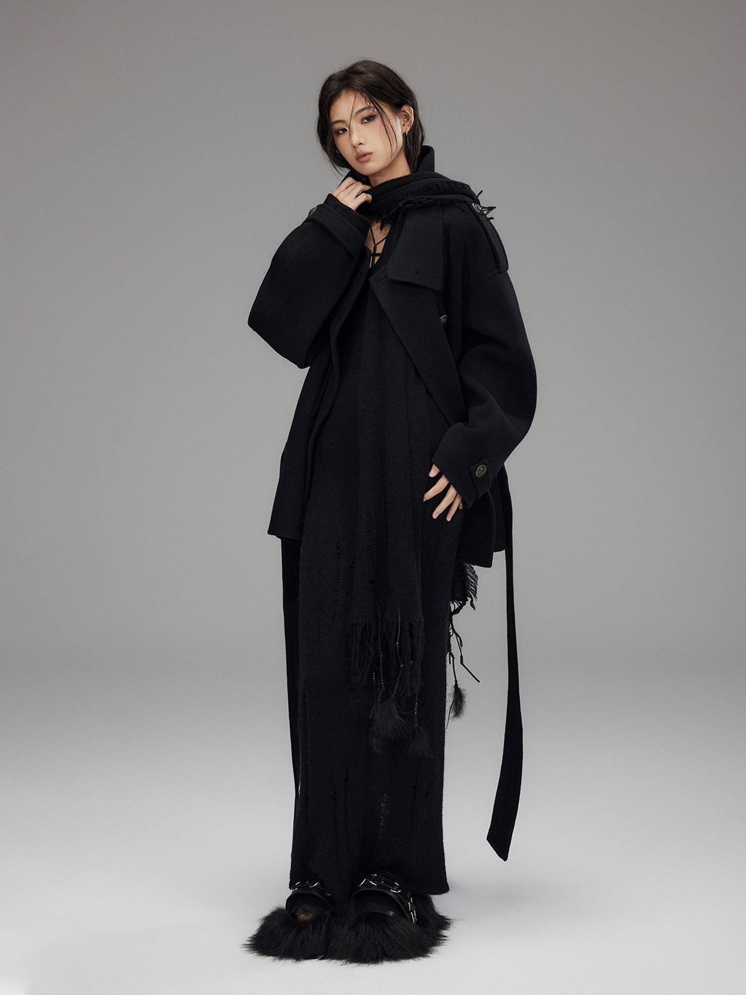 Low pixel Waist Defining Wool Knit Tassel Casual Long Sleeve Round Neck Black Maxi Dresses