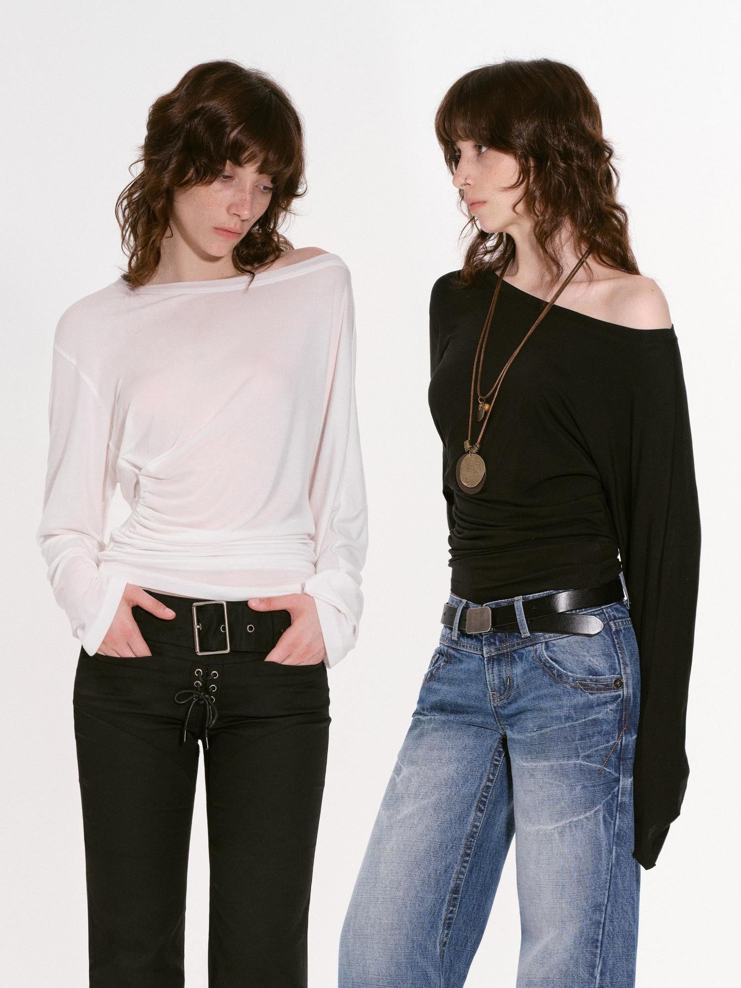 RUN TO THE FUTURE Moisture Wicking Lyocell Slim Asymmetric Neck Women Solid Long Sleeve T-Shirts