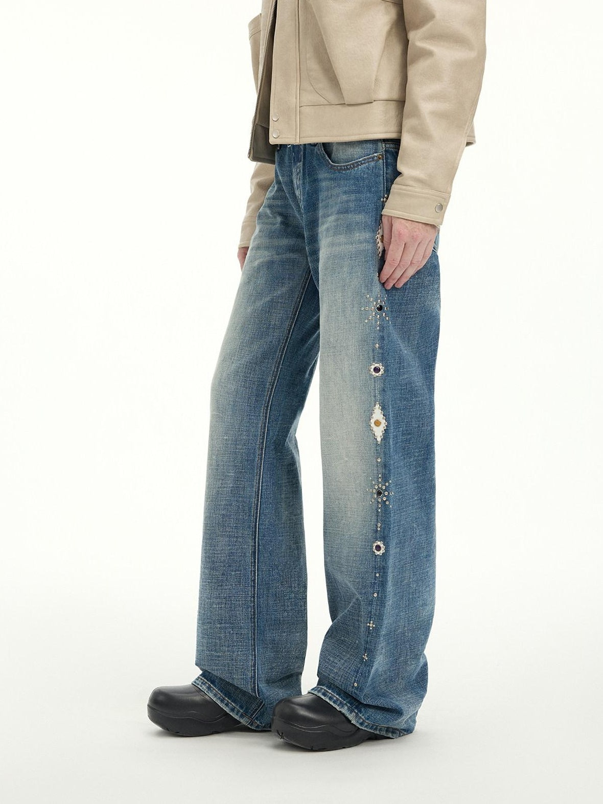 RUN TO THE FUTURE Washed Embroidered Low Rise Straight Cotton Button Fly Women Blue Wide-Leg Jeans