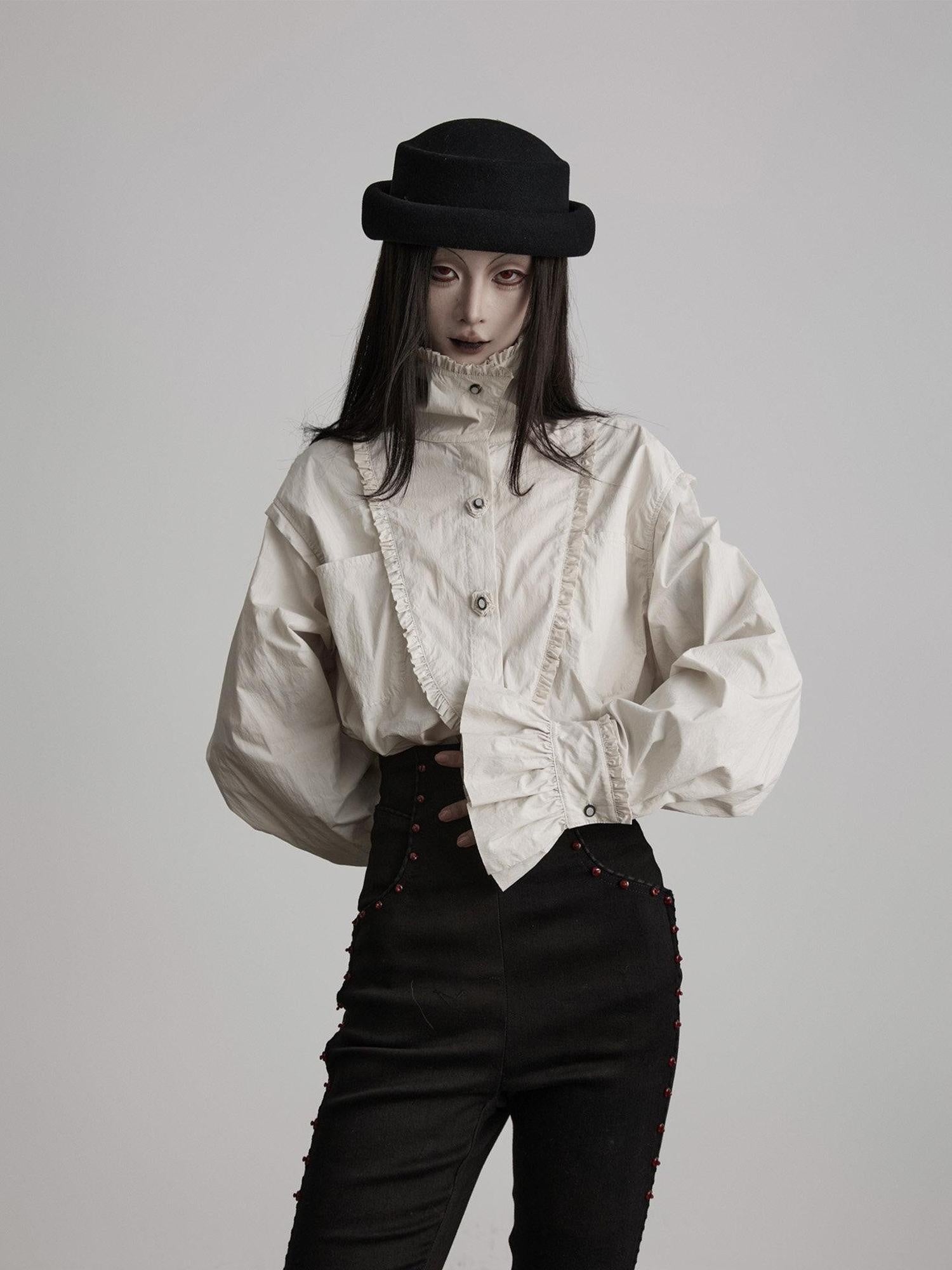 INDULGE Elegant Pleated Loose Fit Stand Collar Long Sleeve Cotton Blend Daily Blouses