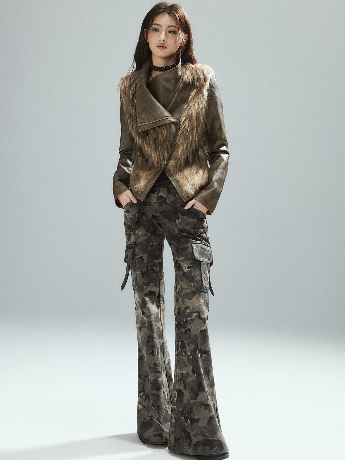 Low pixel Thick Waist Cinch Patchwork Street Style Women Brown Zipper Lapel Cropped Jackets