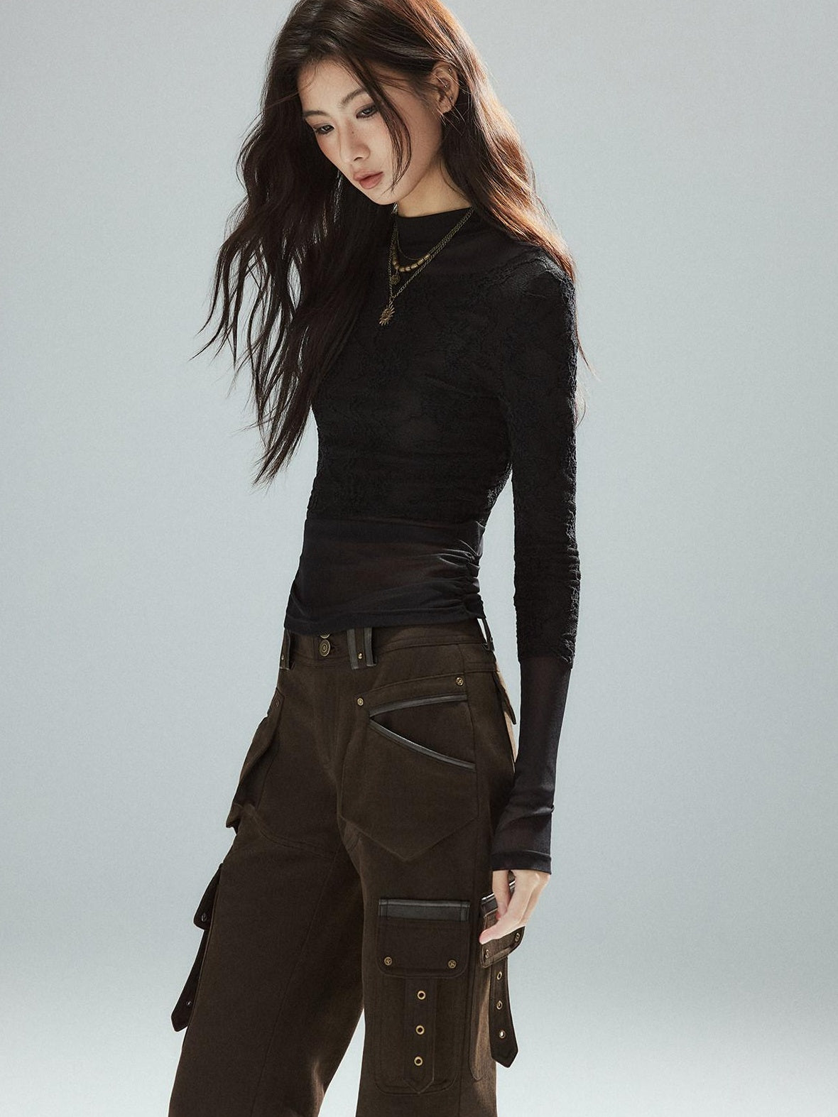 Low pixel Slim Low Rise Cotton Flare Street Style Zipper Brown Women Cargo Pants