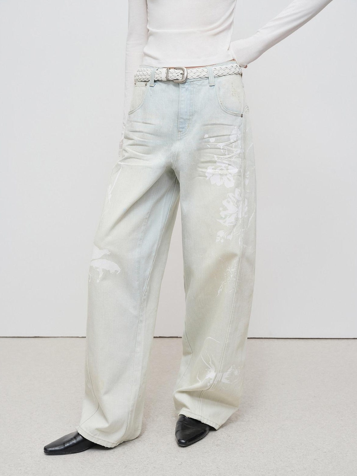 RUN TO THE FUTURE Vintage Light Blue Floral Cotton Loose Casual Womens Zipper Fly Wide-Leg Jeans