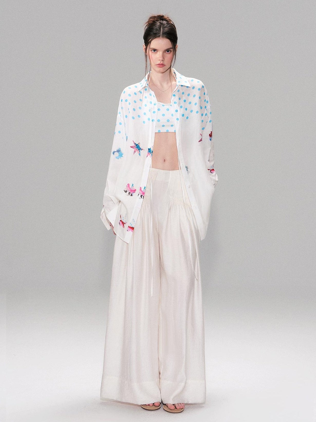 The NeverMore Soft Breathable Linen Blend Relaxed Drop Shoulder Polka Dot Long Sleeve Shirts