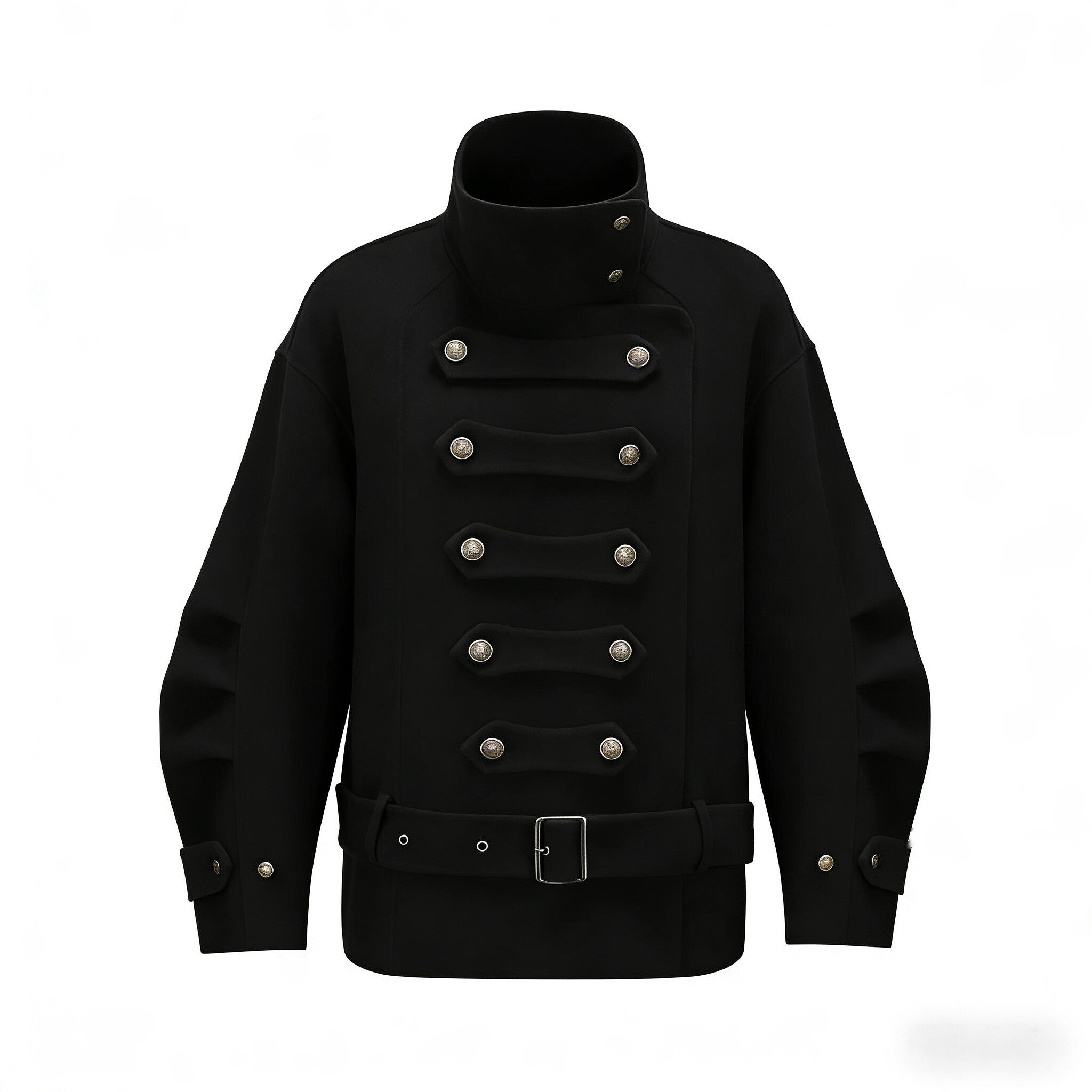 nit alcove Warm Wool Blend Pleated Biker Collar Unisex Double Breasted Cropped Wool Coats
