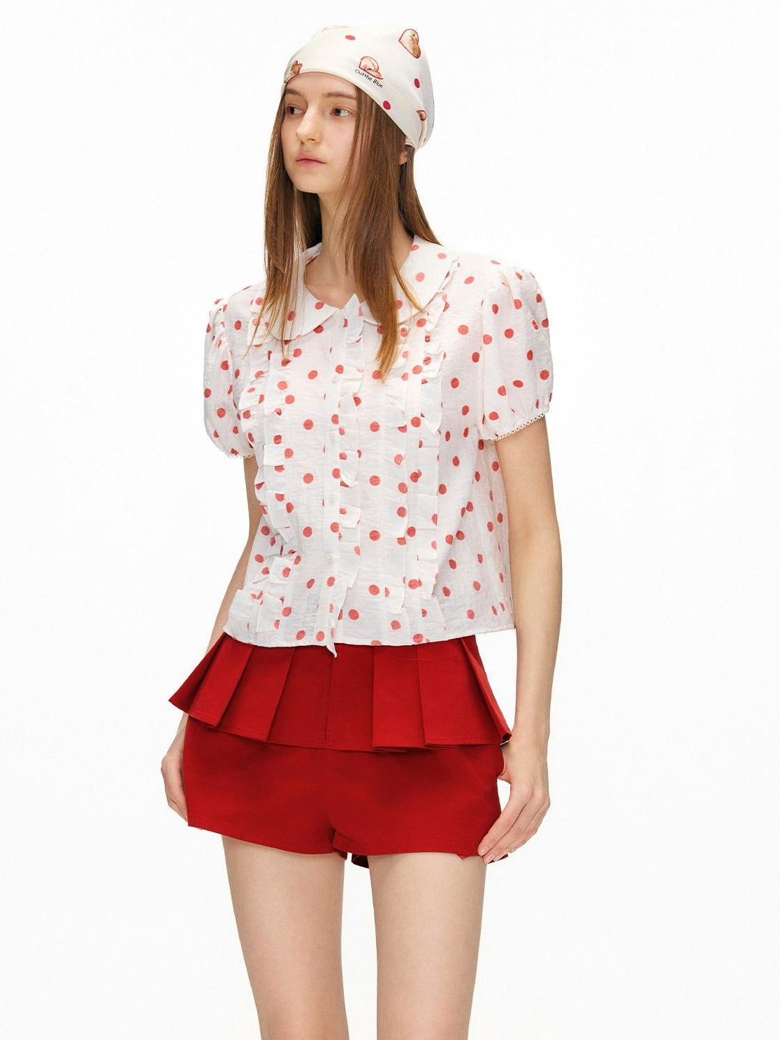 OuttheBlue Waist Cinch Ruffle Casual Puff Sleeve Doll Collar Polka Dot Women Shirts