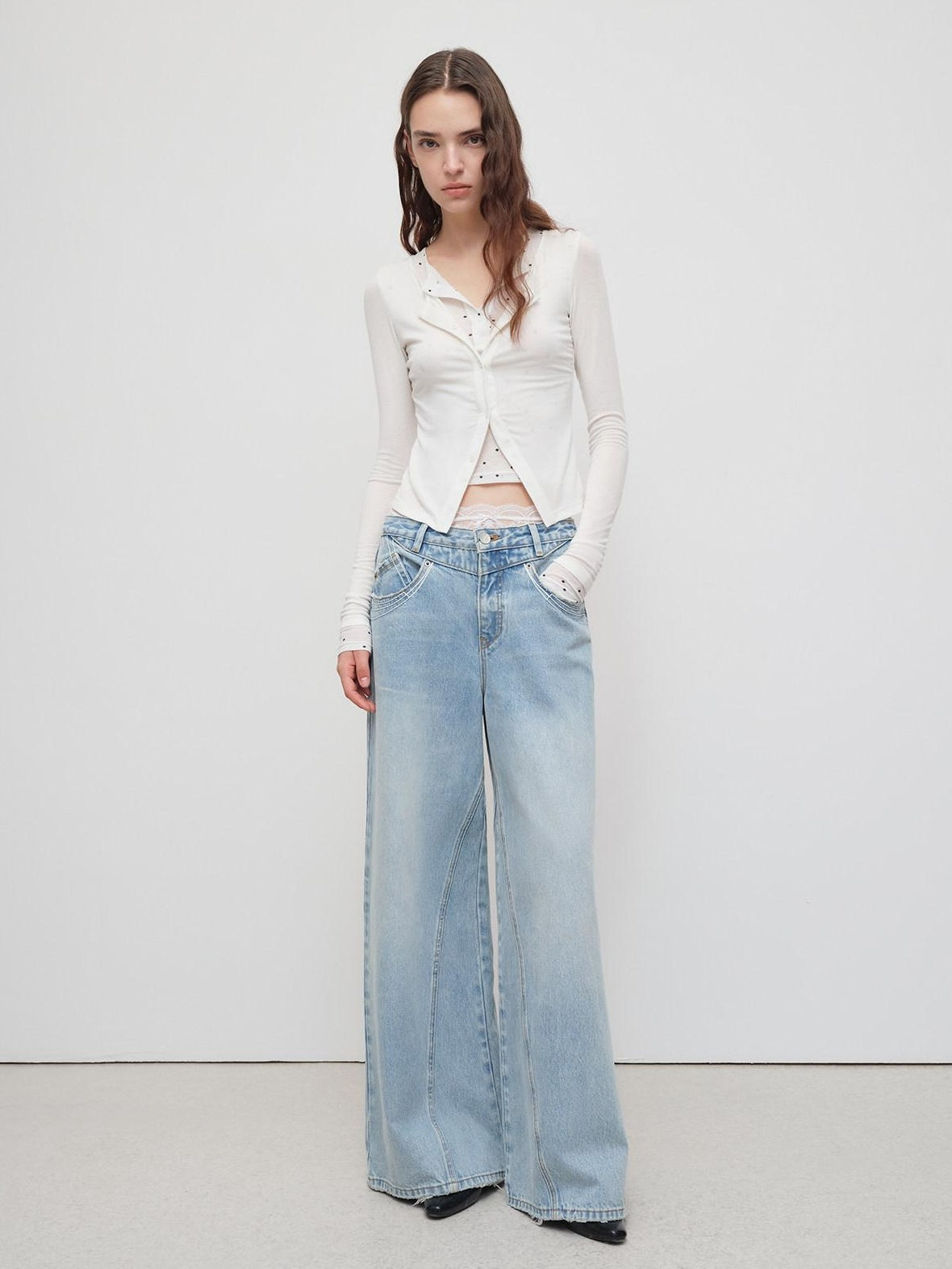 RUN TO THE FUTURE Light Blue Casual Loose Natural Waist Button Fly No Stretch Women Wide-Leg Jeans