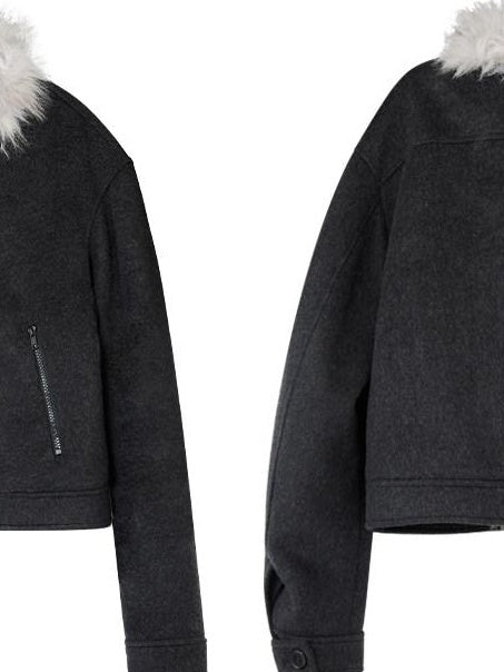 RUN TO THE FUTURE Warm Thick Patchwork Casual Zip Front Fur Collar Women Black Cardigans