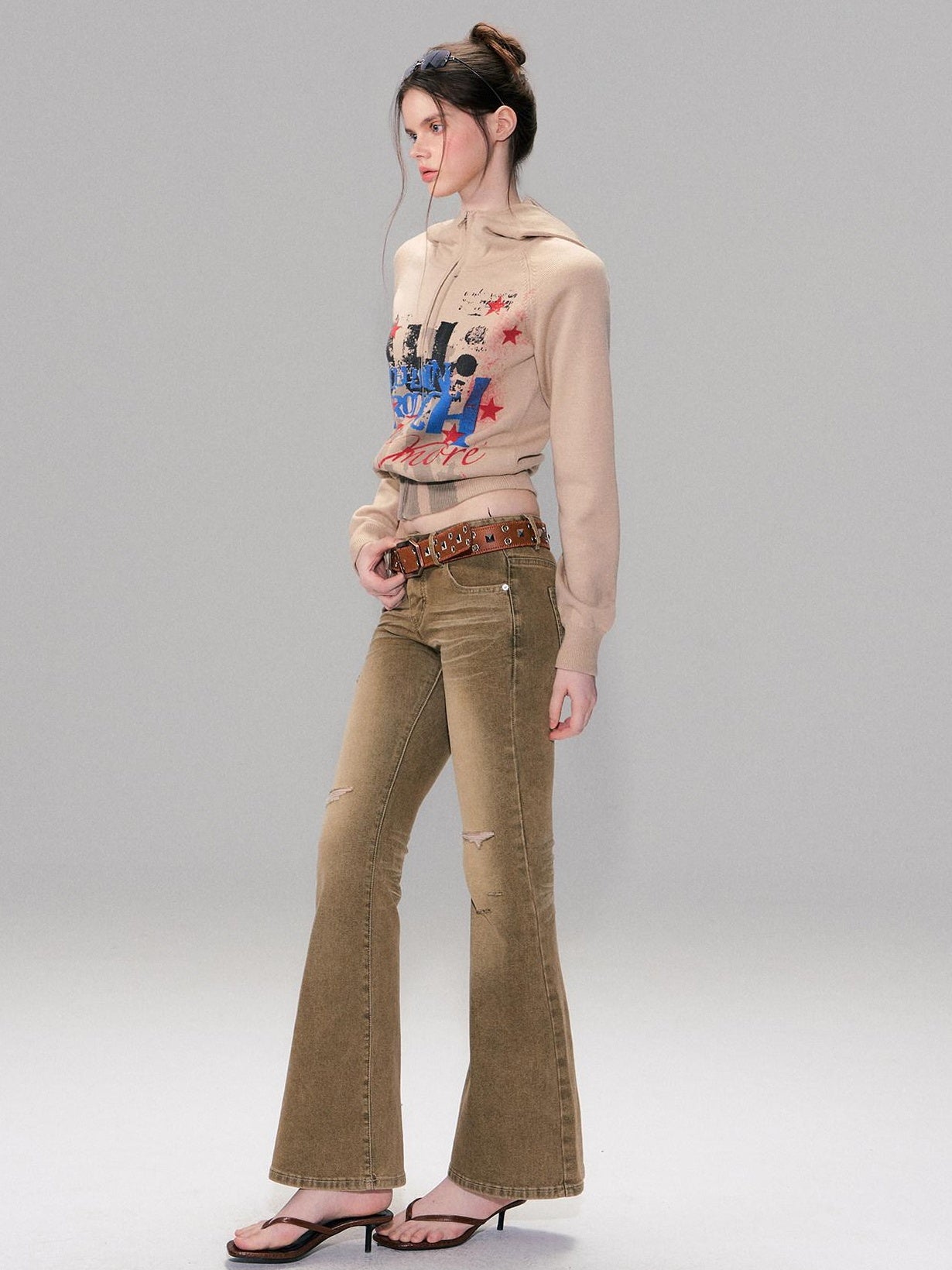 The NeverMore Brown Washed Low Rise Ripped Sexy Slim Fit Cotton Slight Stretch Womens Jeans
