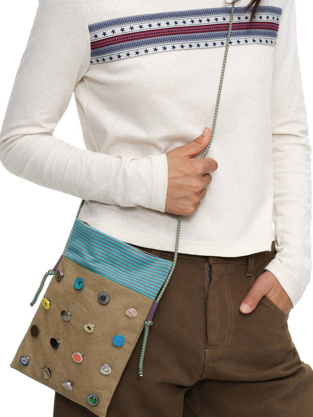 oinimi Khaki Stripe Button Badge Studded Square Women&