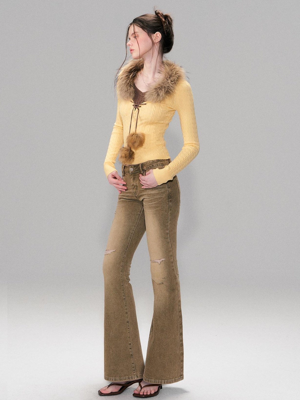 The NeverMore Viscose Blend Slim Fit Faux Layered Cropped Knit Pullover Girls Yellow Sweaters