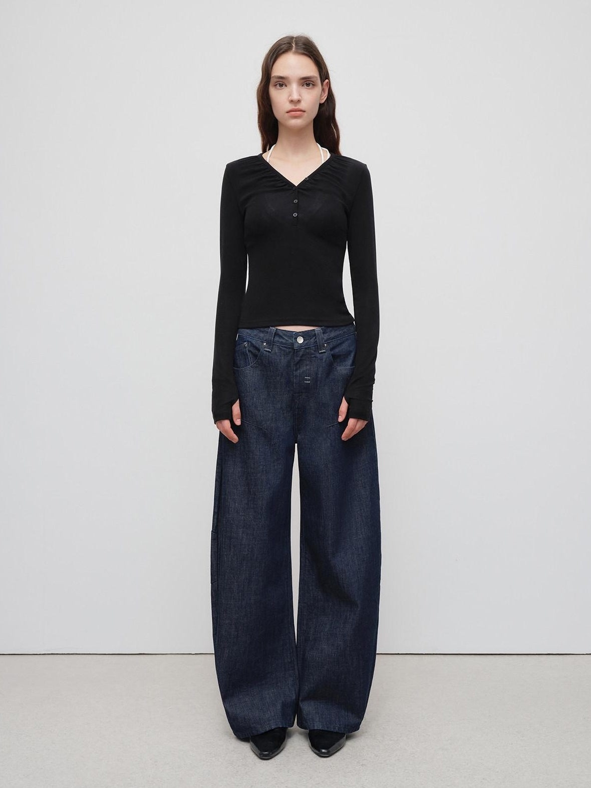 RUN TO THE FUTURE Breathable Cotton Pleated Loose Wide Leg Low Rise Women Raw Denim Straight Jeans