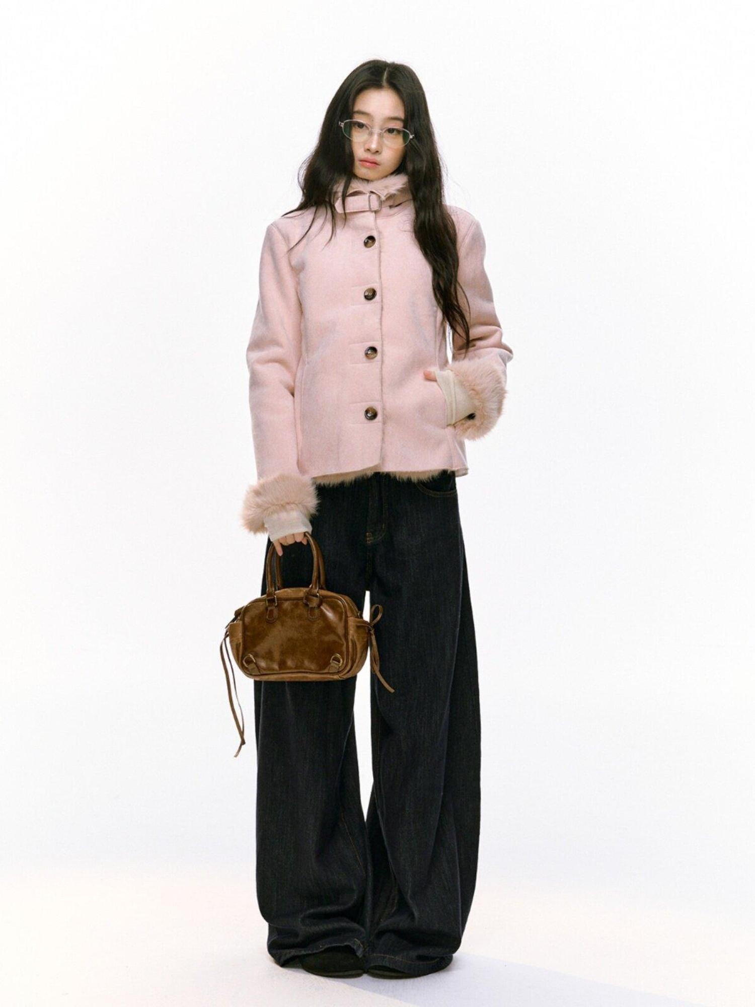 7Shiftin Fleece Lined Original Slim Stand Collar Button Coffee Pink Cropped Jackets