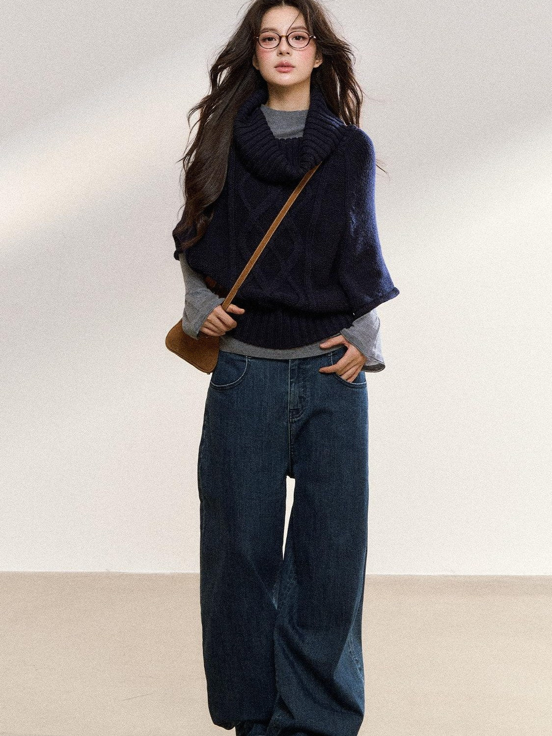 7Shiftin Cozy High Neck Cropped Loose Pullover Knit For Girls White Blue Gray Sweaters