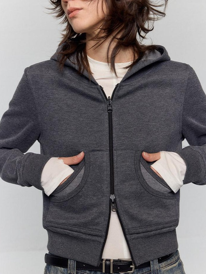 RUN TO THE FUTURE Slim Cropped Zip Hooded Pocket Commuter Vintage Gray Women Hoodies