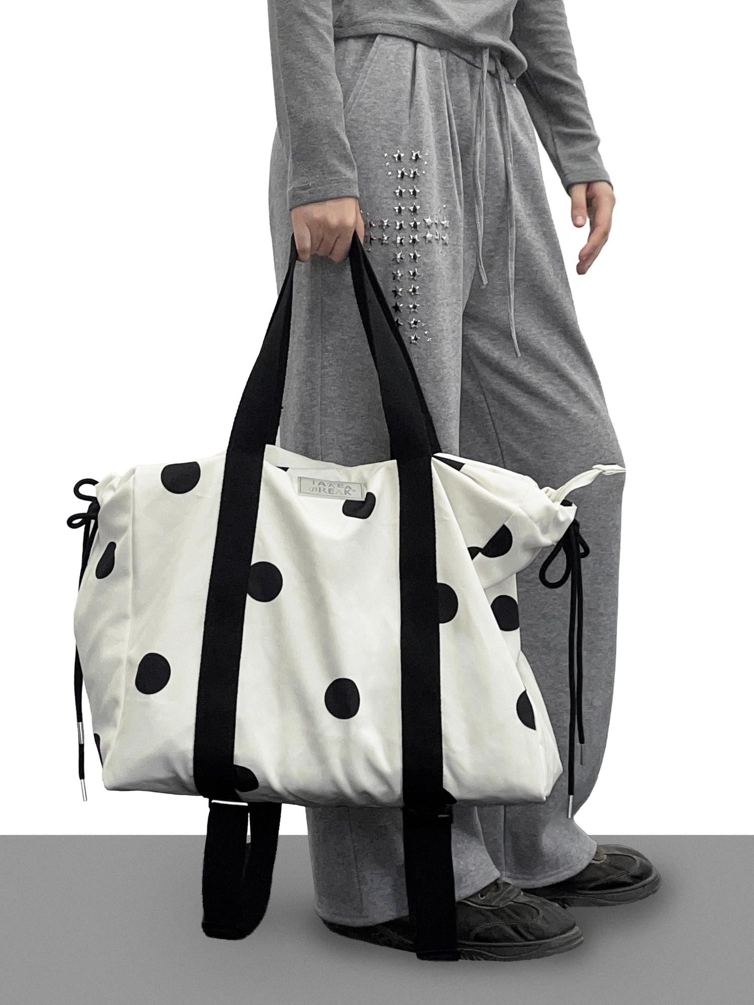 takeabreak Black White Polka Dot 26L Multi Carry Dual Zipper Tote Women&