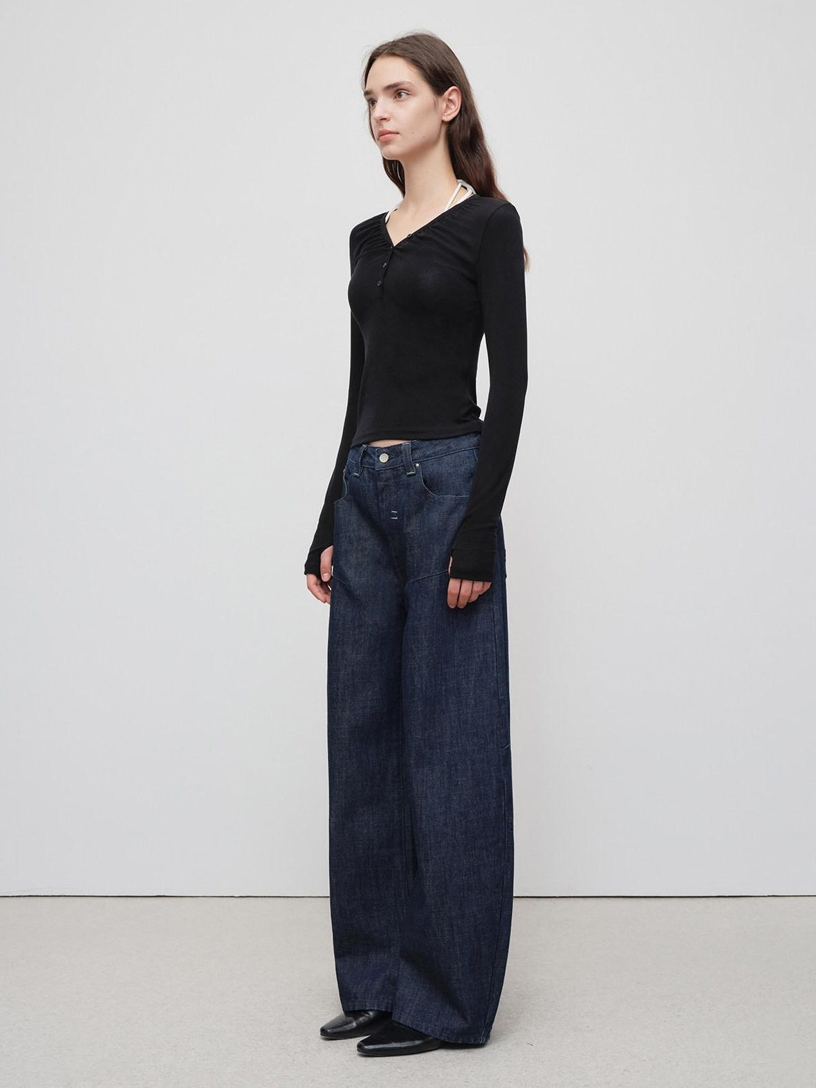RUN TO THE FUTURE Breathable Cotton Pleated Loose Wide Leg Low Rise Women Raw Denim Straight Jeans