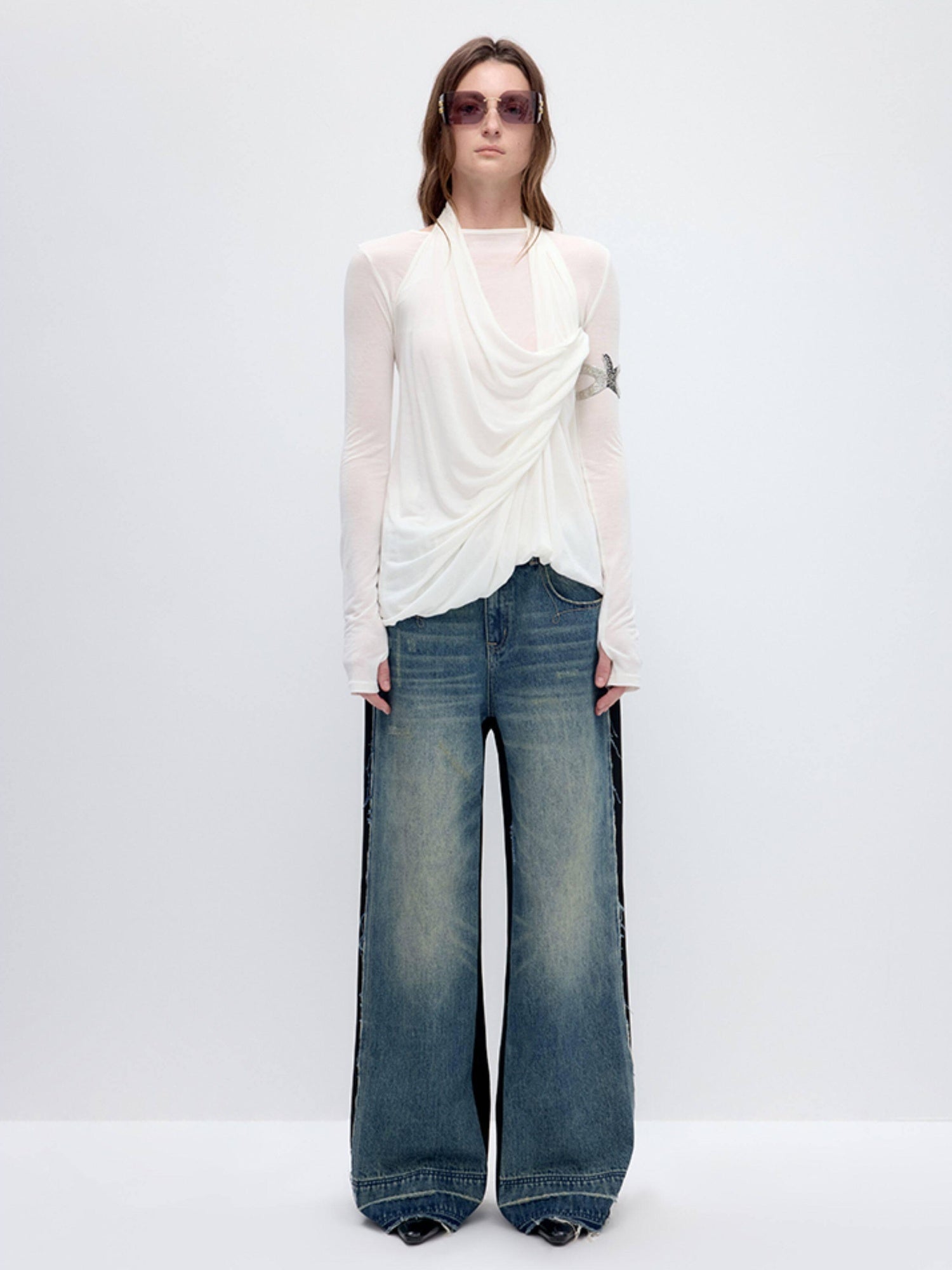 RUN TO THE FUTURE Tencel Wool Blend Pleated Commuter Slim Solid Milk White Long Sleeve T-Shirts