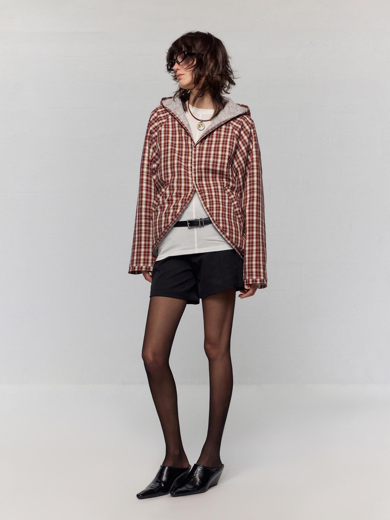 RUN TO THE FUTURE Original Design Loose Fit Contrast Plaid Pocket Zip Up Women Poly Wool Hoodies