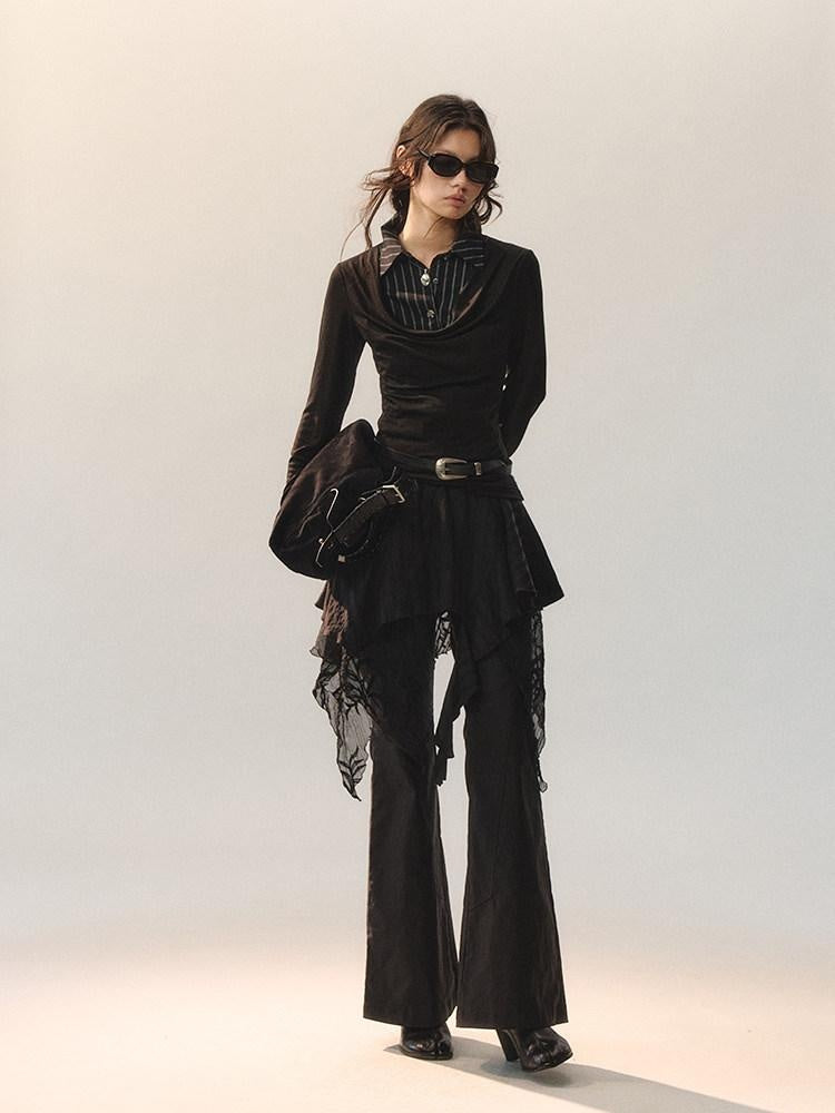 AnnoMundi Stretch Cotton Blend Slim Casual Natural Waist Women Black Straight Pants