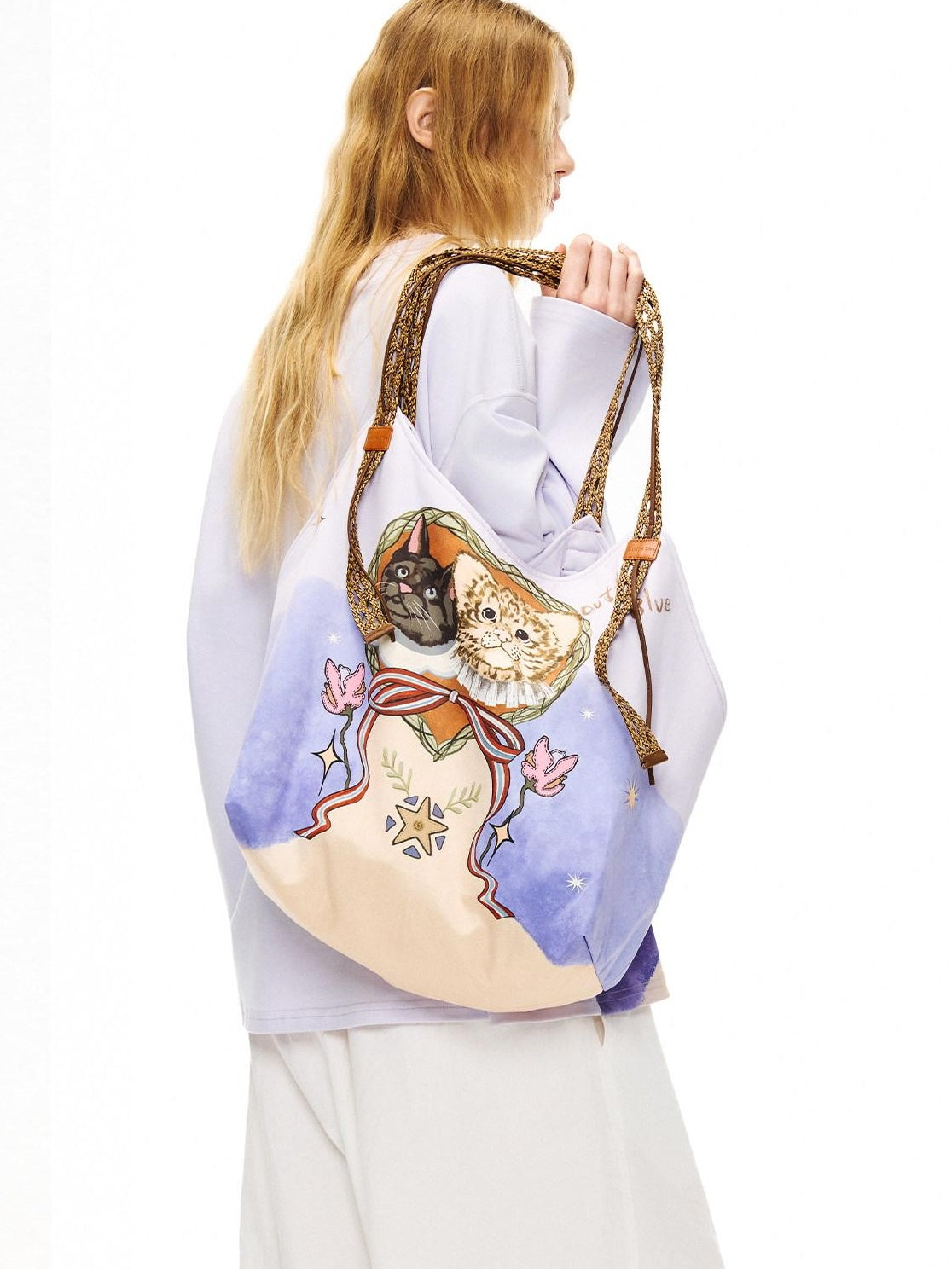 OuttheBlue Cute Cat Print Light Purple Roomy Square Double Strap Shoulder Women Tote Bags