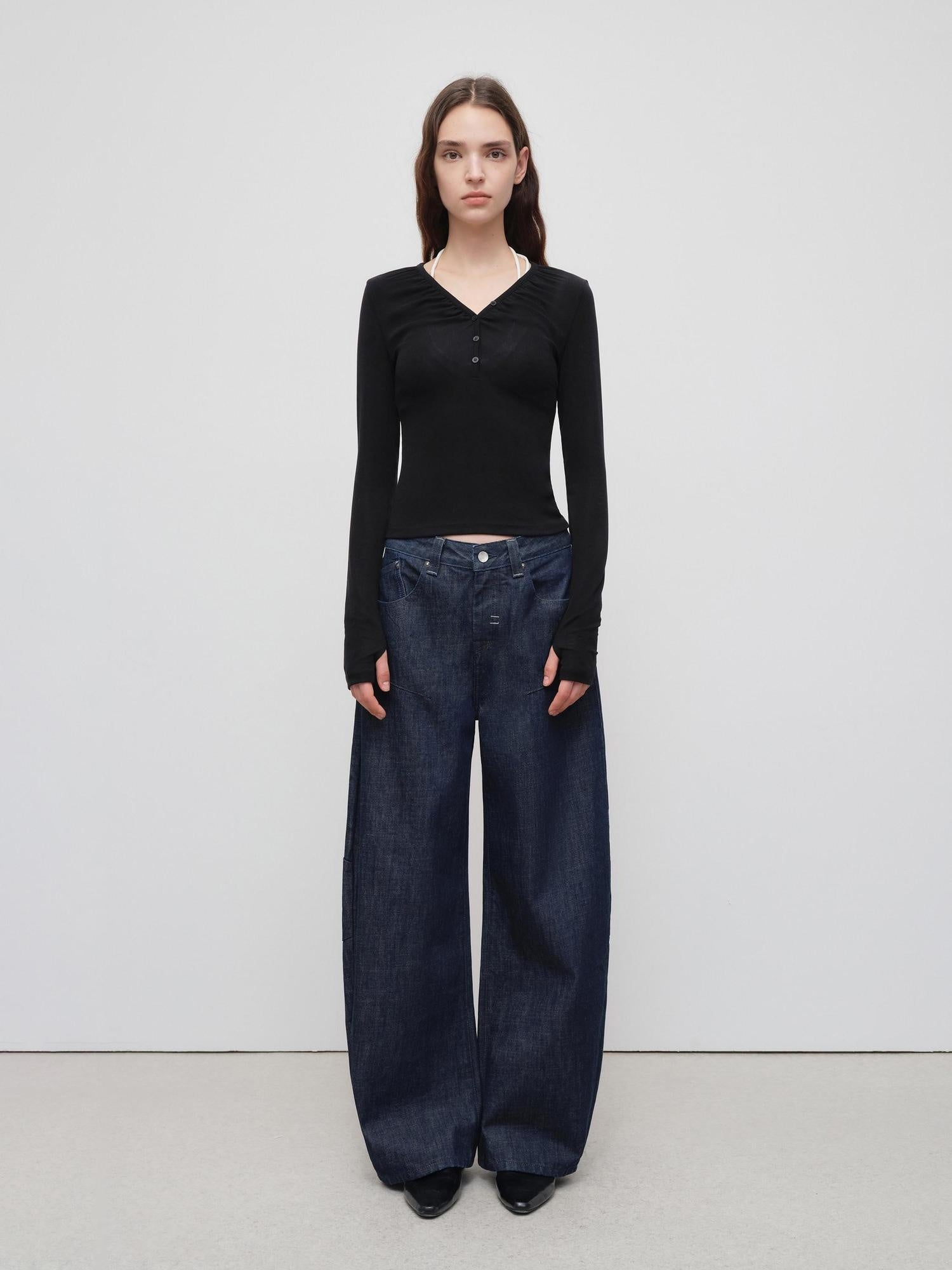 RUN TO THE FUTURE Breathable Cotton Pleated Loose Wide Leg Low Rise Women Raw Denim Straight Jeans