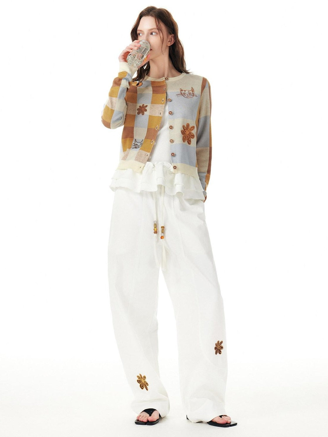 OuttheBlue Cotton Drawstring Pockets Natural Waist Workwear Long White Wide Leg Pants