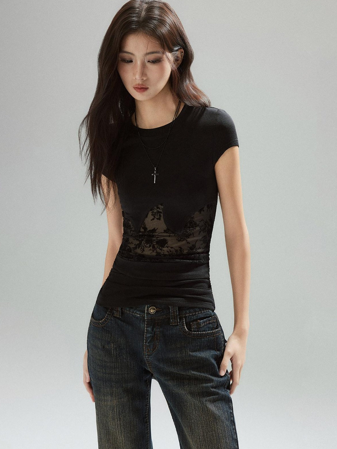 Low pixel Lyocell Slim Street Patchwork For Women Round Neck Short Sleeve T-Shirts