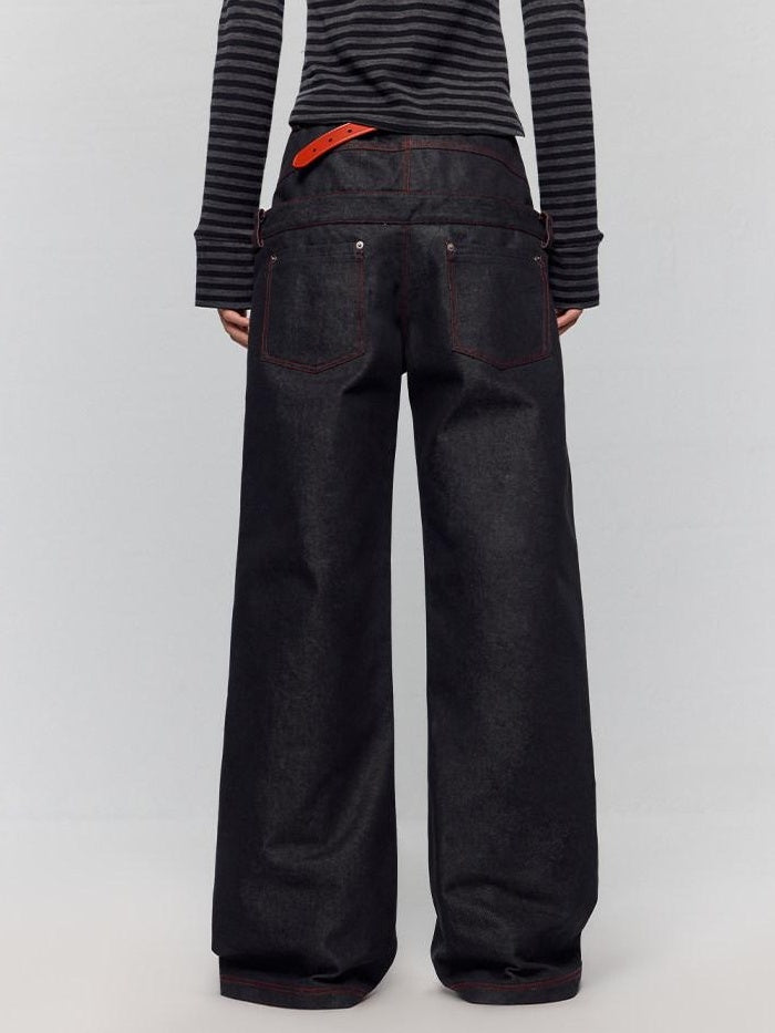 RUN TO THE FUTURE Low Rise Colorblock Loose Fit Zip Fly Black Denim Stretch Wide-Leg Jeans