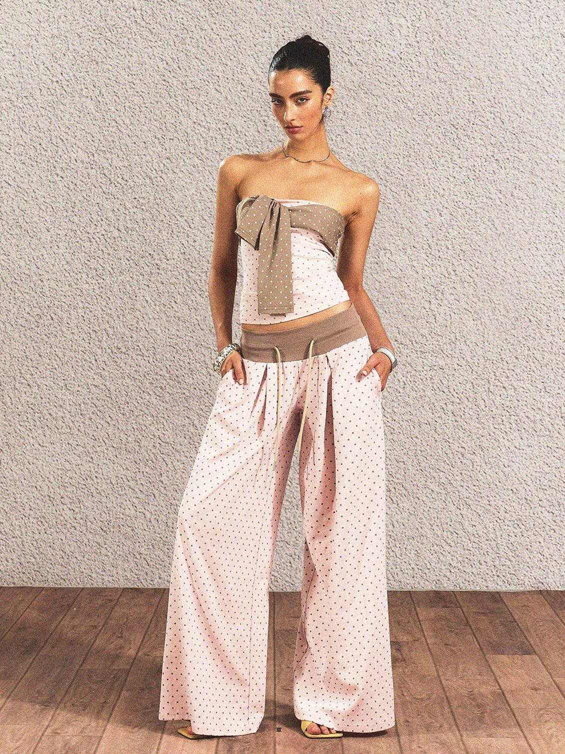 The NeverMore Polka Dot Cotton Two Piece Colorblock Sexy High Waist Pants Tube Tops