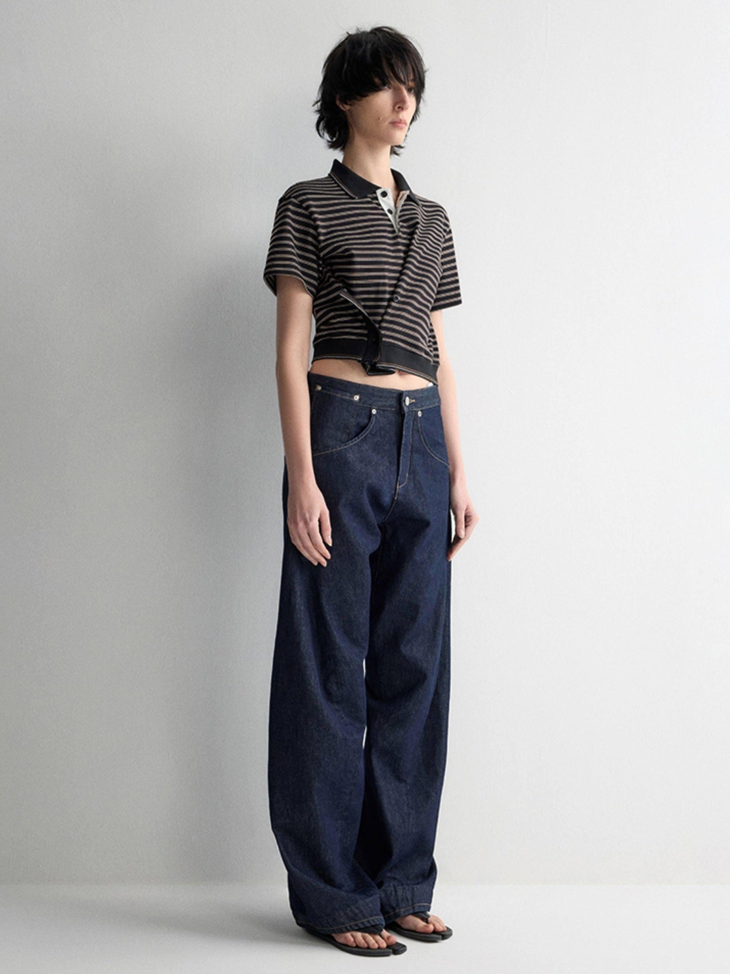 RUN TO THE FUTURE Breathable Cotton Slim Fit Asymmetric Henley Striped Low Waist Women Crop Tops