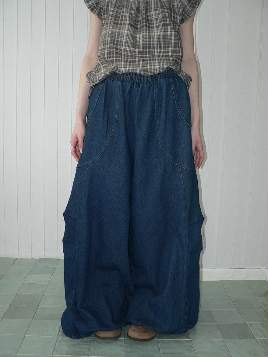 ang project Deep Blue Vintage Pleated Elastic Waist Loose Fit Women&