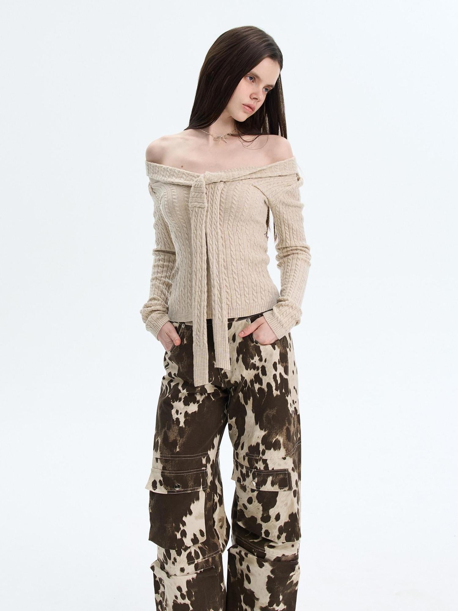 The NeverMore Khaki Wool Blend Slim Fit Layered Tie Detail Off Shoulder Pullover Sweaters