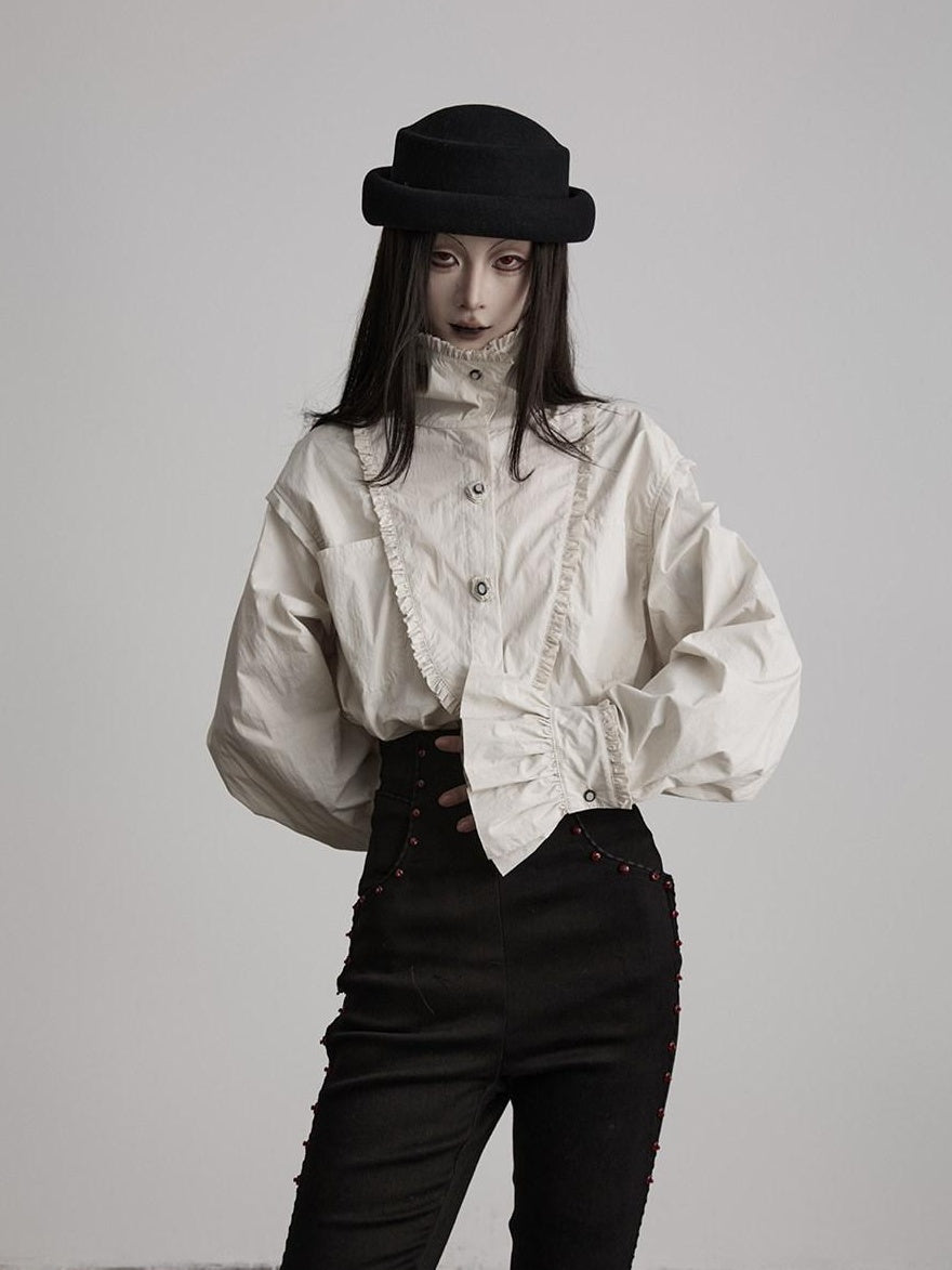INDULGE Elegant Pleated Loose Fit Stand Collar Long Sleeve Cotton Blend Daily Blouses