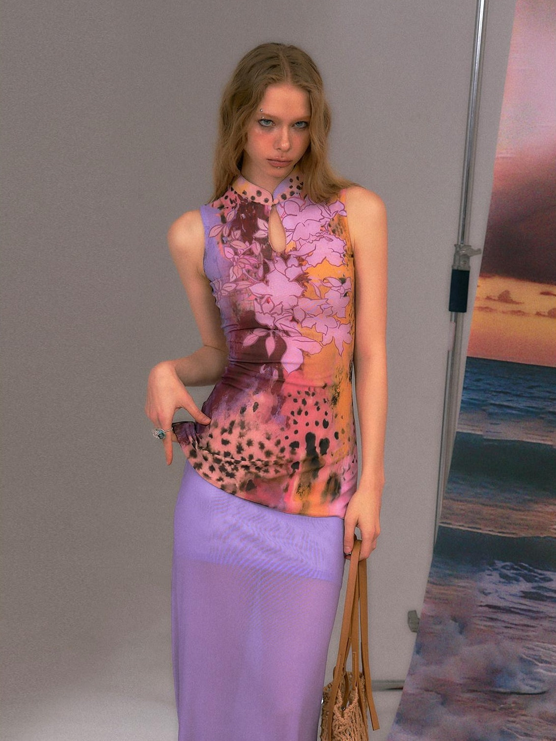The NeverMore Colorblock High Waist Bodycon Street Sleeveless Women Purple Top & Skirt Sets