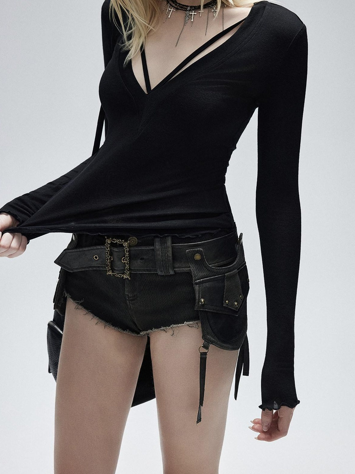 Low pixel Lyocell Wool Blend Printed Slim V-neck Pullover Women Long Sleeve Crop Tops