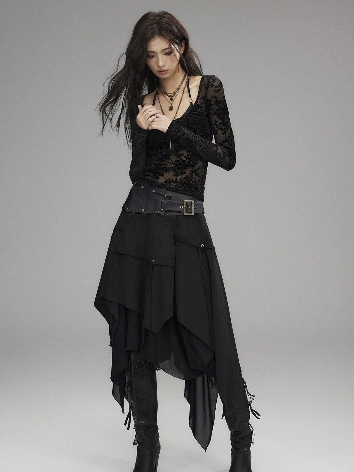 Low pixel Sexy Low Waist Asymmetrical A Line Zipper Black Woven Polyester Midi Skirts