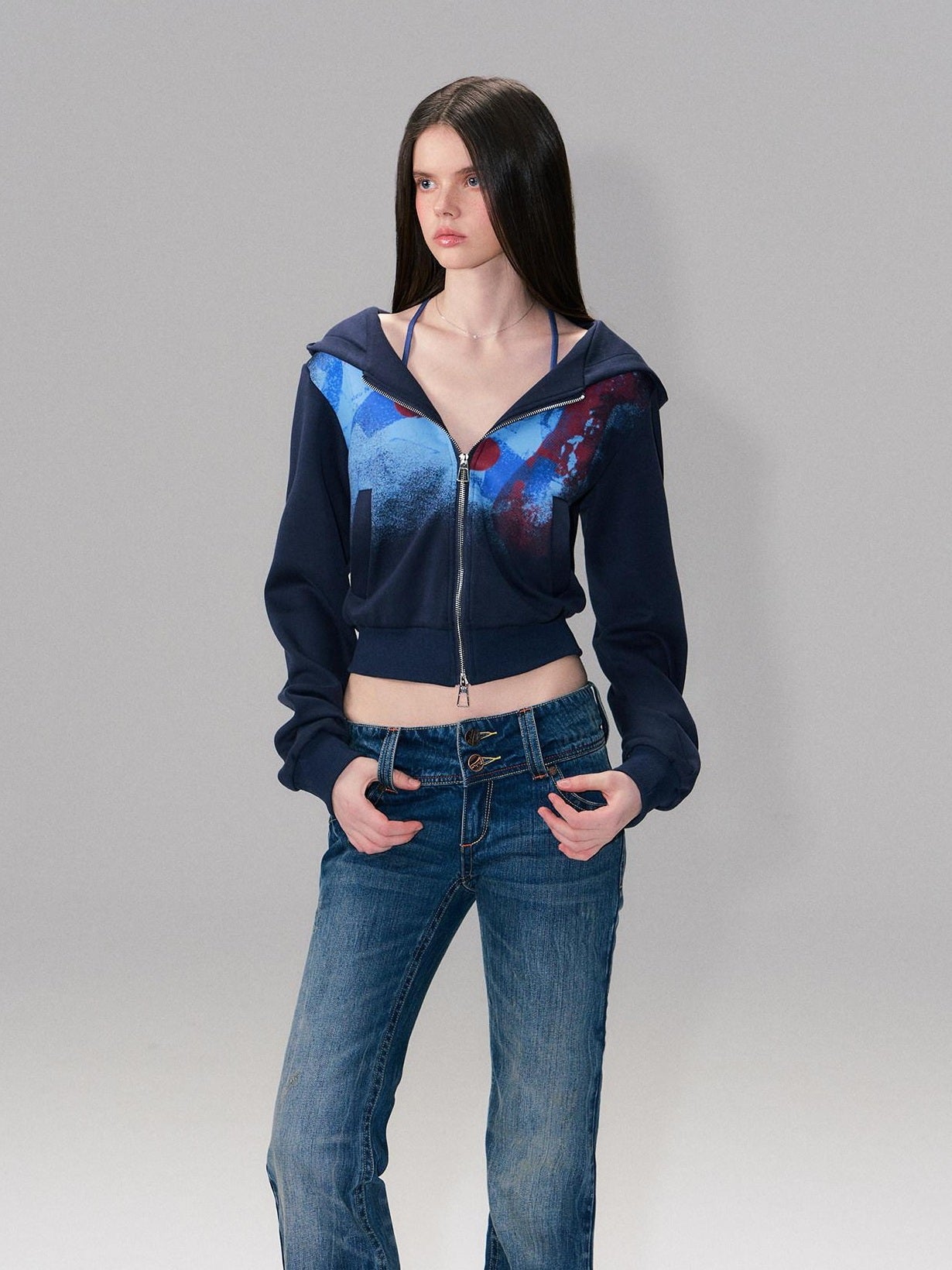 The NeverMore Soft Stretch Polyester High Waist Cropped Zip Hooded American Women Hoodie