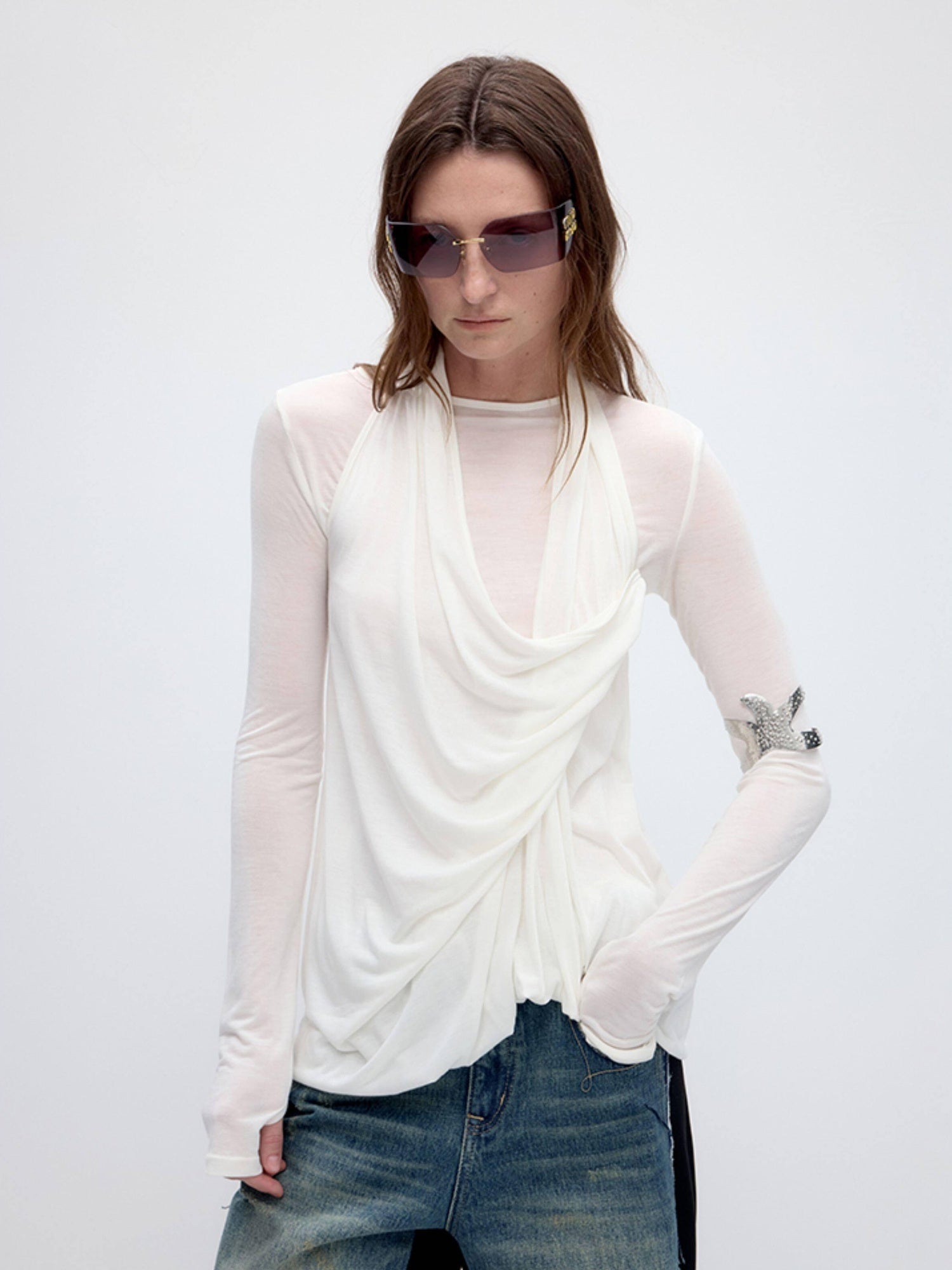 RUN TO THE FUTURE Tencel Wool Blend Pleated Commuter Slim Solid Milk White Long Sleeve T-Shirts