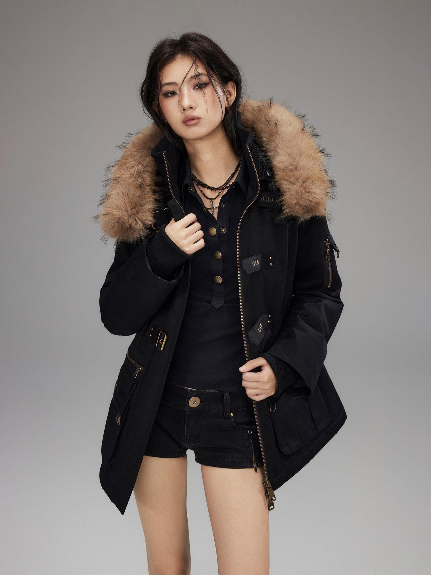 Low pixel Warm Cotton Utility Cinched Waist Multi Pocket Hooded Women Black Puffer Jackets