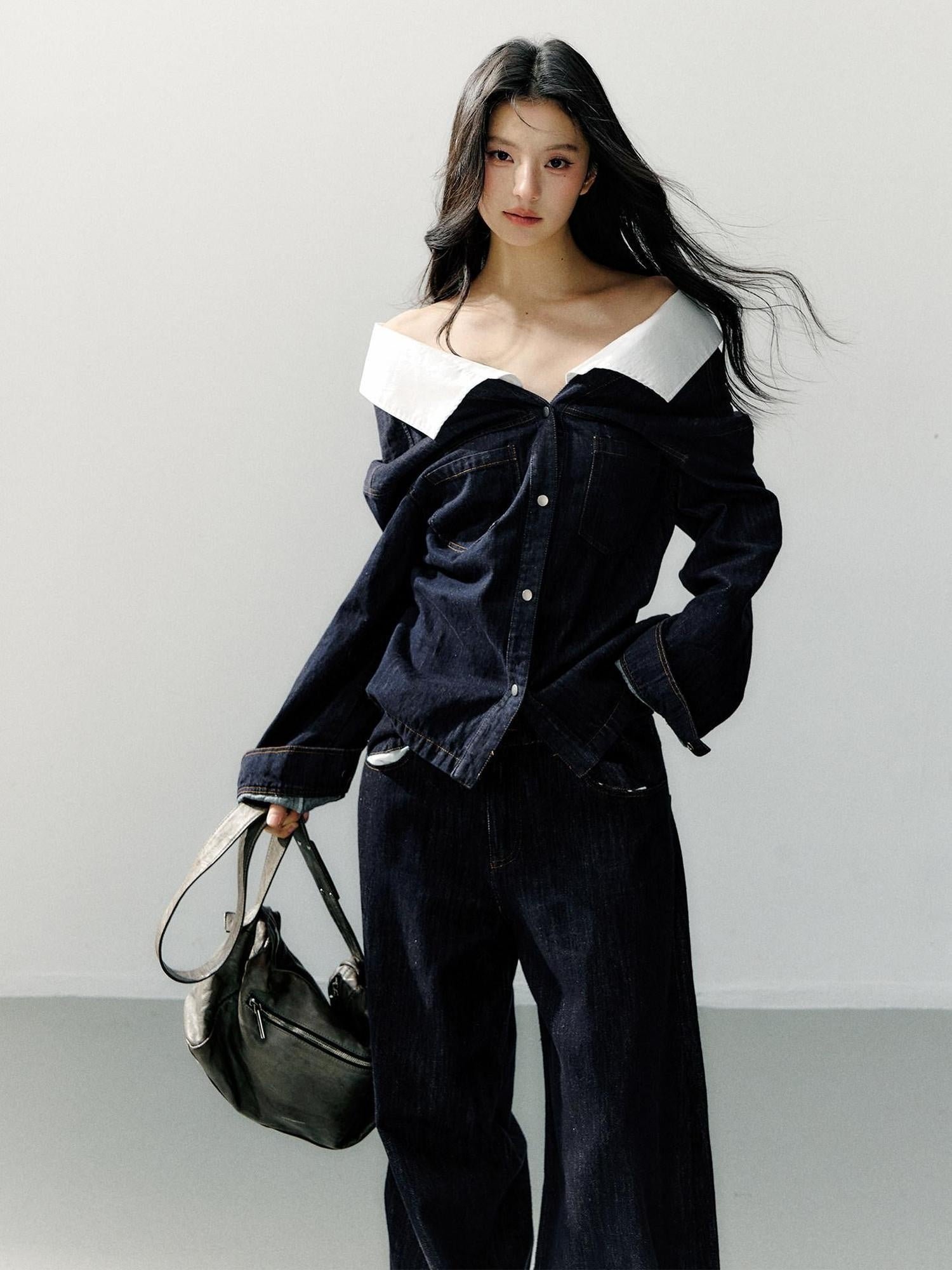 7Shiftin Cotton One Shoulder Casual Relaxed Long Sleeve Cropped Button Deep Blue Blouses