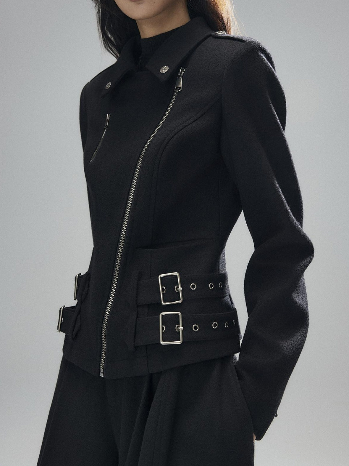 Low pixel Wool Blend Thick Slim Fit Street Euro Zip Front Black Cropped Jackets