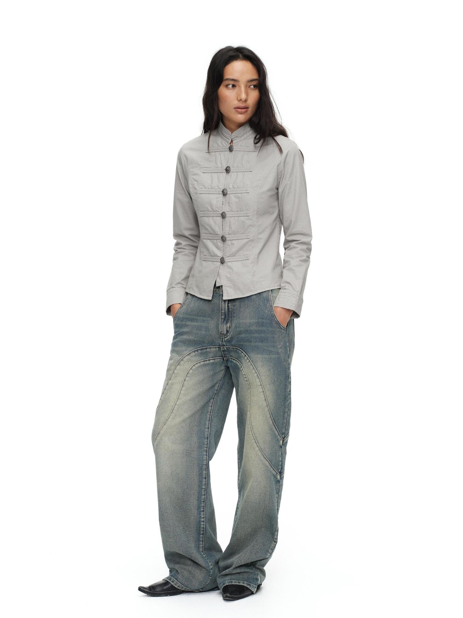 oinimi Star Gray Washed Napoleon Button Stand Collar Fitted Waist Women&