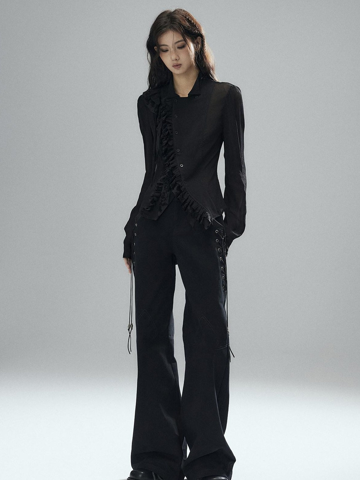 Low pixel Pure Cotton Low Rise Wide Leg Zipper Casual Womens Black Straight Pants
