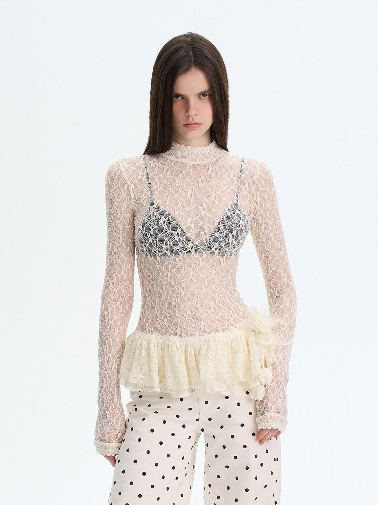The NeverMore High Stretch Nylon Lace Vintage Slim Layered For Women Long Sleeve Crop Tops